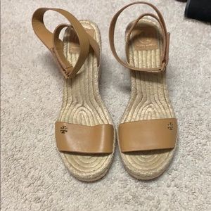 Tory Burch tan leather wedges with straps size 8